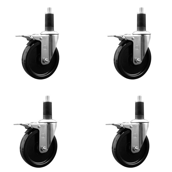 5'' Phenolic Swivel 1-1/4'' Expanding Stem Caster Set Total Lock Brake, 4PK